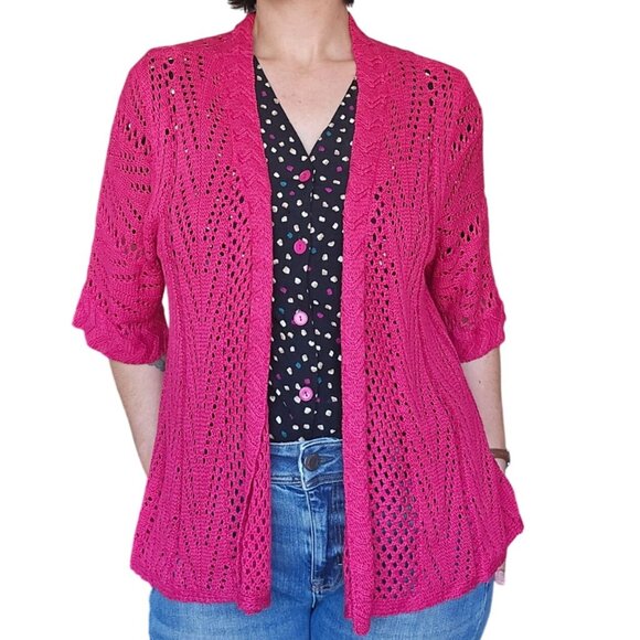 Cato Hot Pink Open Front Knit Cardigan Plus Size 22/24W Half Sleeve Spring Casua - Picture 1 of 5